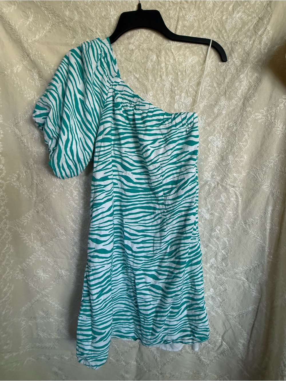Bar III One-Shoulder Teal Zebra Print Dress